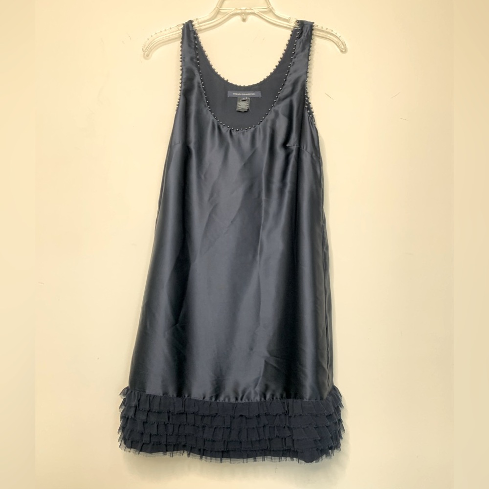 M1 French Connection Navy Blue‎ Studded Satin Mini Slip Dress Tulle Trim Size 0